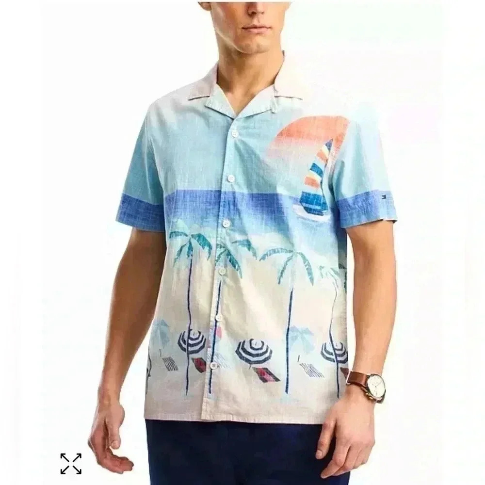 Tommy Hilfiger Beach-Print Shirt. Button Front Cotton All Over Print Men XXL - Picture 2 of 15